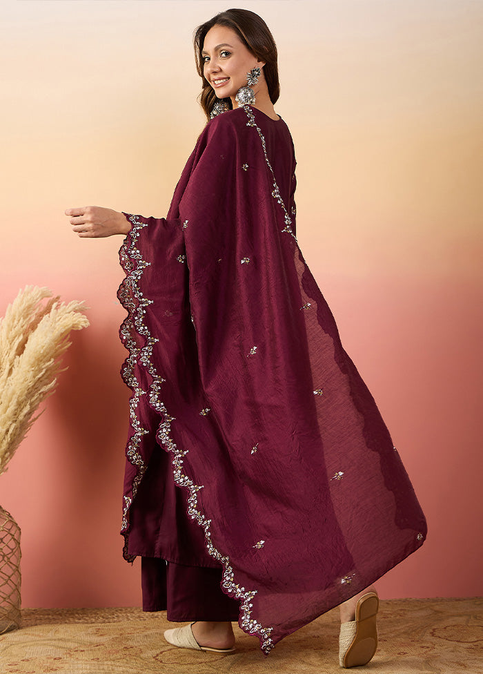 3 Pc Maroon Pure Readymade Silk Suit Set Cheap Sale 2025