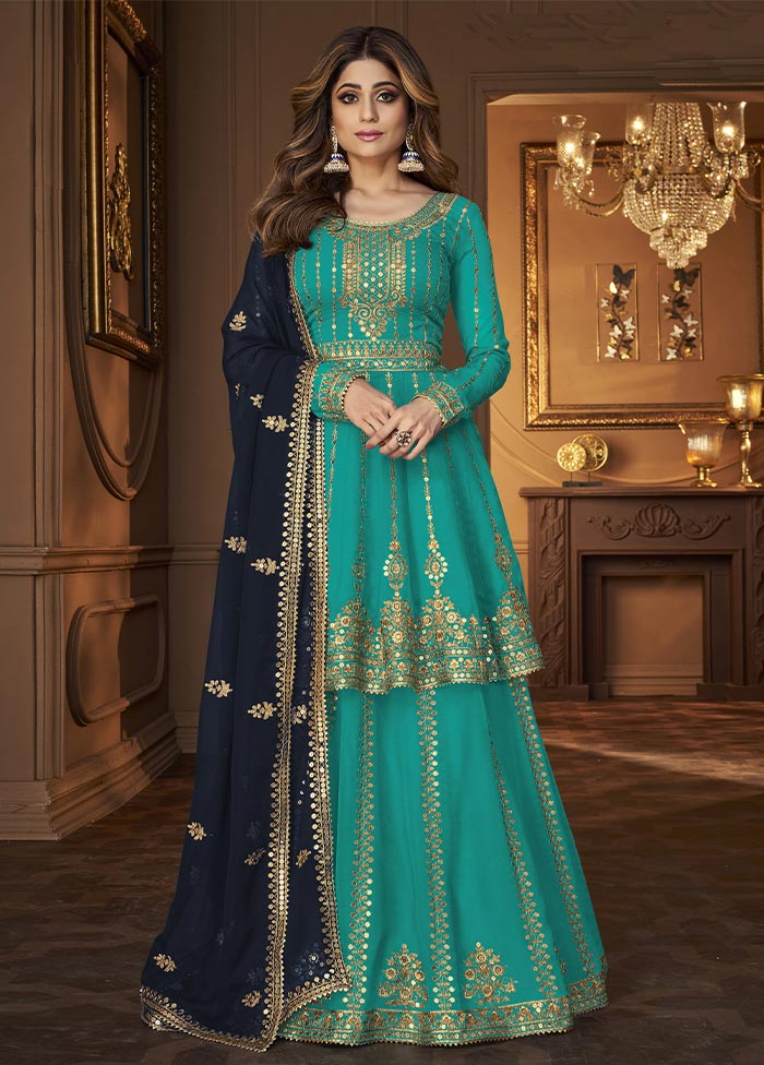 3 Pc Blue Semi Stitched Georgette Suit Set Cheap Sale Genuine