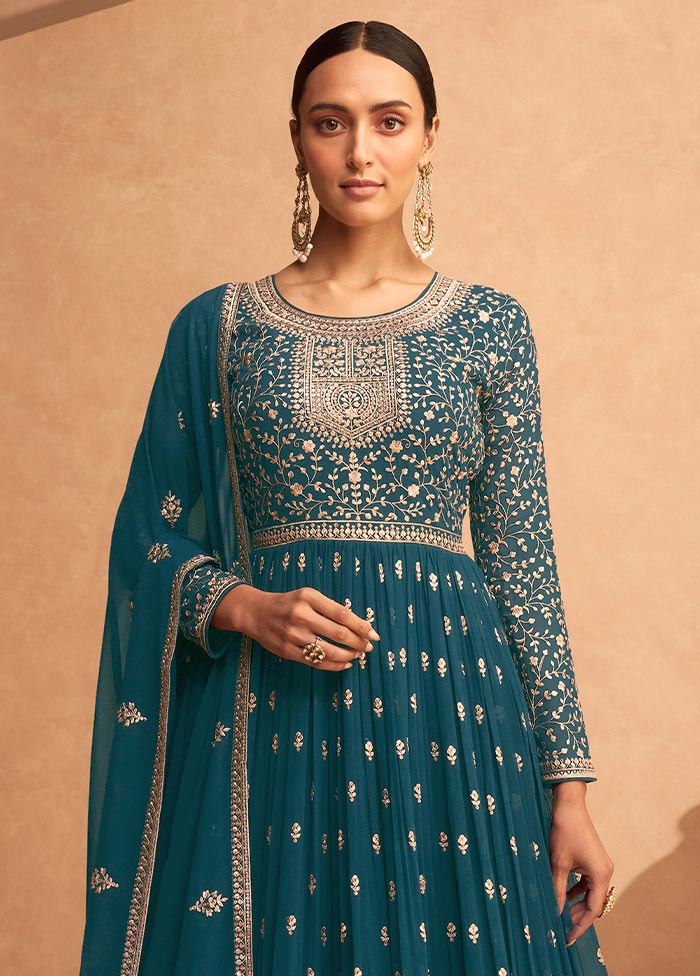 3 Pc Teal Blue Semi Stitched Georgette Suit Set Official Site Cheap Online