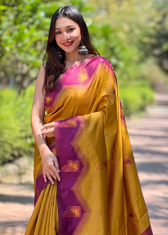 Mustard Banarasi Silk Saree With Blouse Piece Cheap Sale 2025