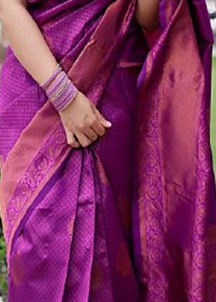 Purple Banarasi Silk Saree With Blouse Piece Low Pice Fee Shipping