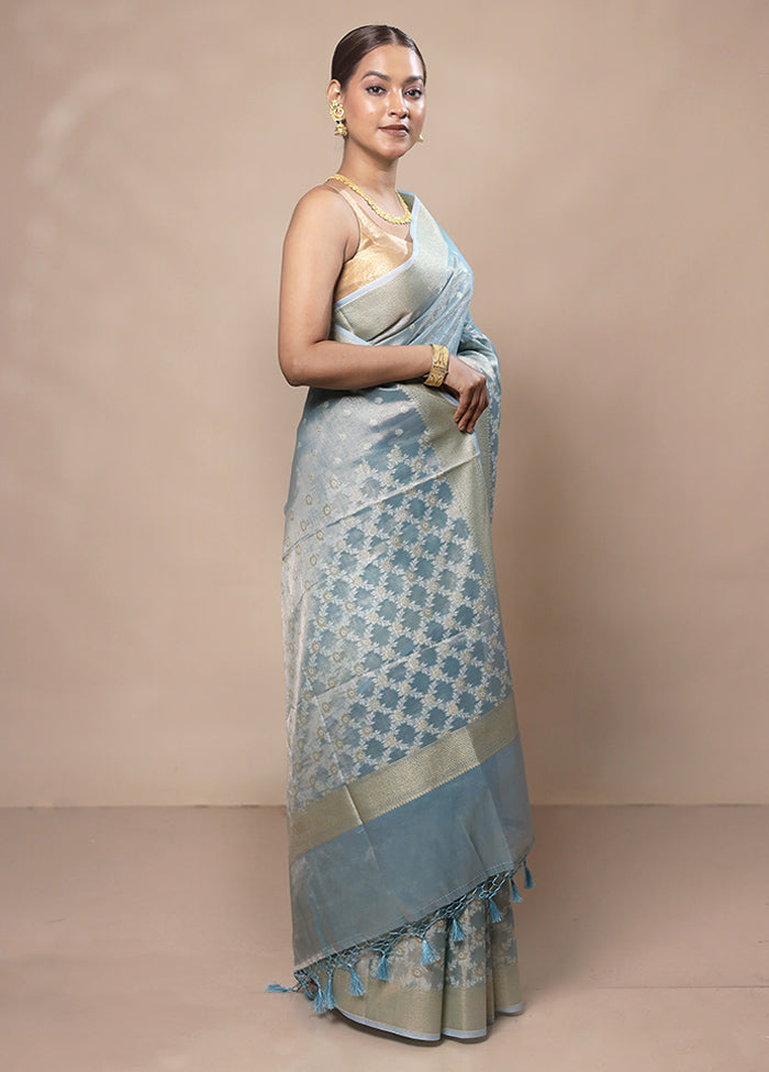 Sky Blue Tissue Silk Saree With Blouse Piece Newest