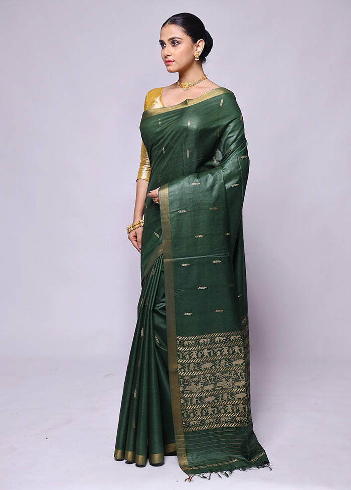 Green Handloom Tussar Pure Silk Saree With Blouse Piece Original For Sale