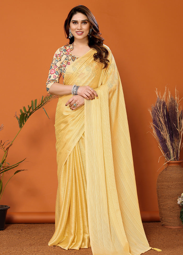 Yellow Spun Silk Saree With Blouse Piece Cheap Sale How Much