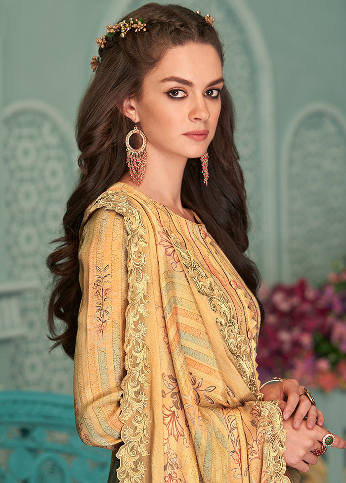 3 Pc Yellow Unstitched Pure Silk Suit Set Cost For Sale