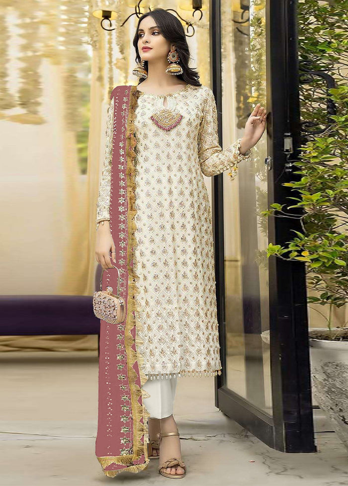 3 Pc Cream Semi Stitched Georgette Suit Set Outlet 2025 Unisex