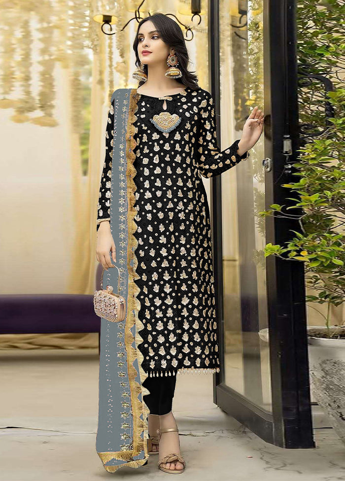 3 Pc Black Semi Stitched Georgette Suit Set Get To Buy