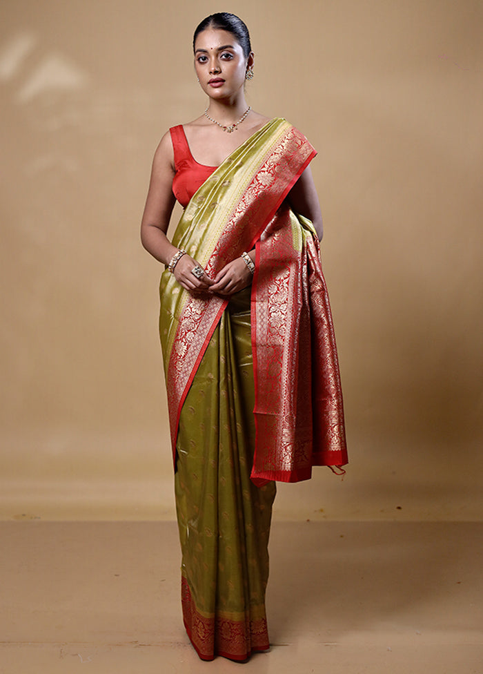 Green Dupion Silk Saree With Blouse Piece 100% Authentic For Sale