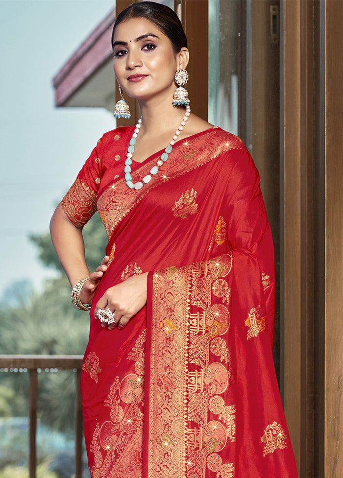 Red Dupion Silk Saree With Blouse Piece Free Shipping Huge Surprise