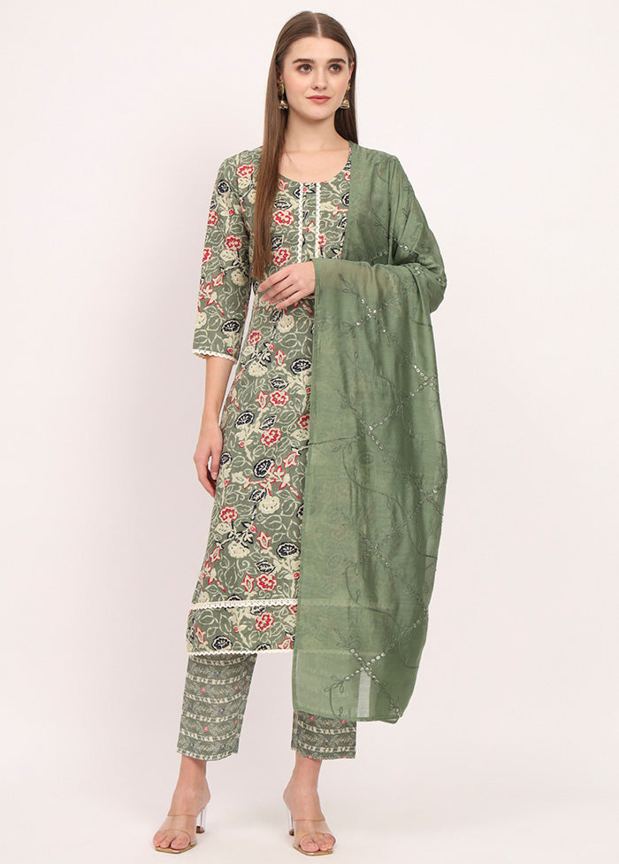 3 Pc Green Readymade Cotton Dupatta Suit Set Sale With Paypal