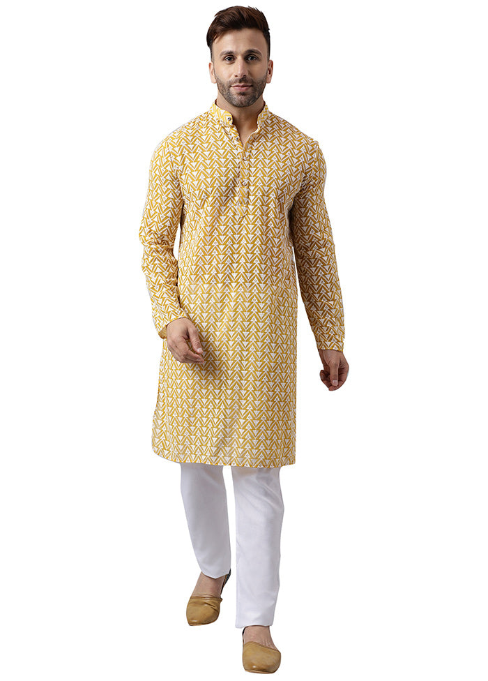 2 Pc Yellow Silk Kurta Pajama Set Professional Cheap Pice