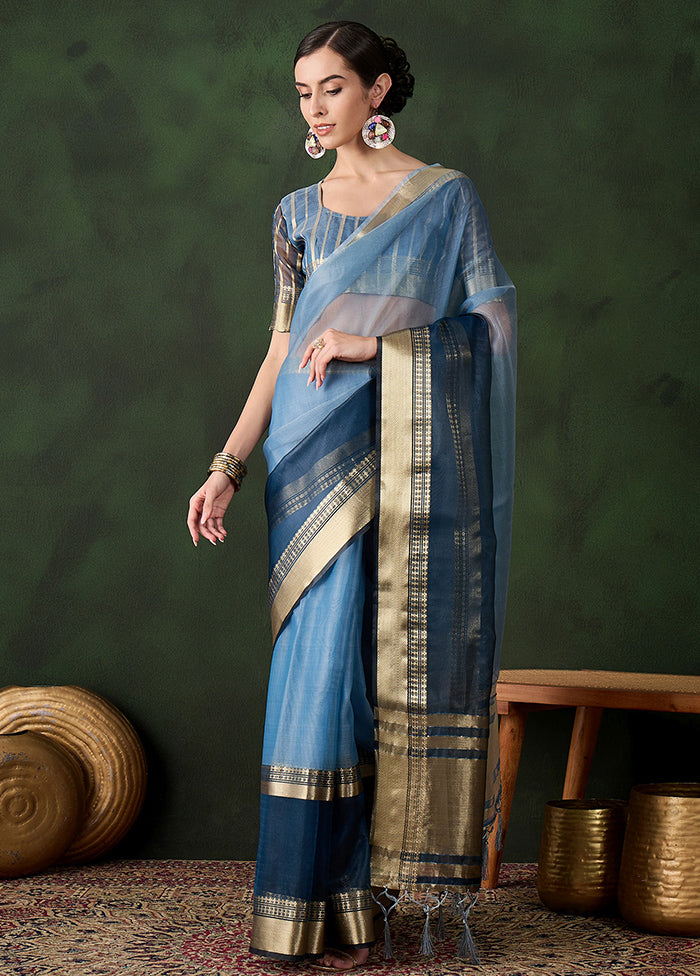 Blue Organza Saree With Blouse Piece Cheap Visit