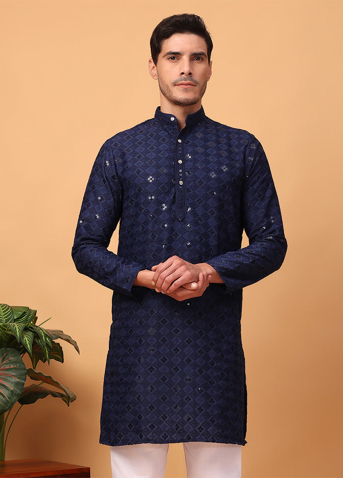 Navy Blue Viscose Embroidered Kurta Cheap Genuine