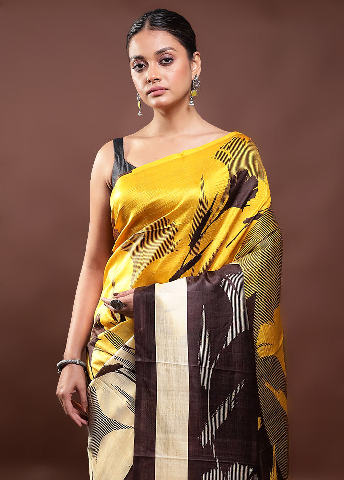 Yellow Printed Pure Silk Saree Without Blouse Piece Cheap Real Authentic