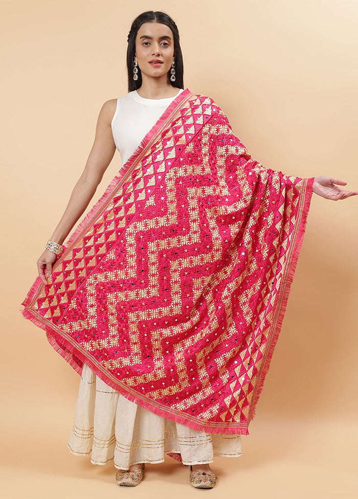 Magenta Chinon Phulkari Work Dupatta For Cheap Sale Online