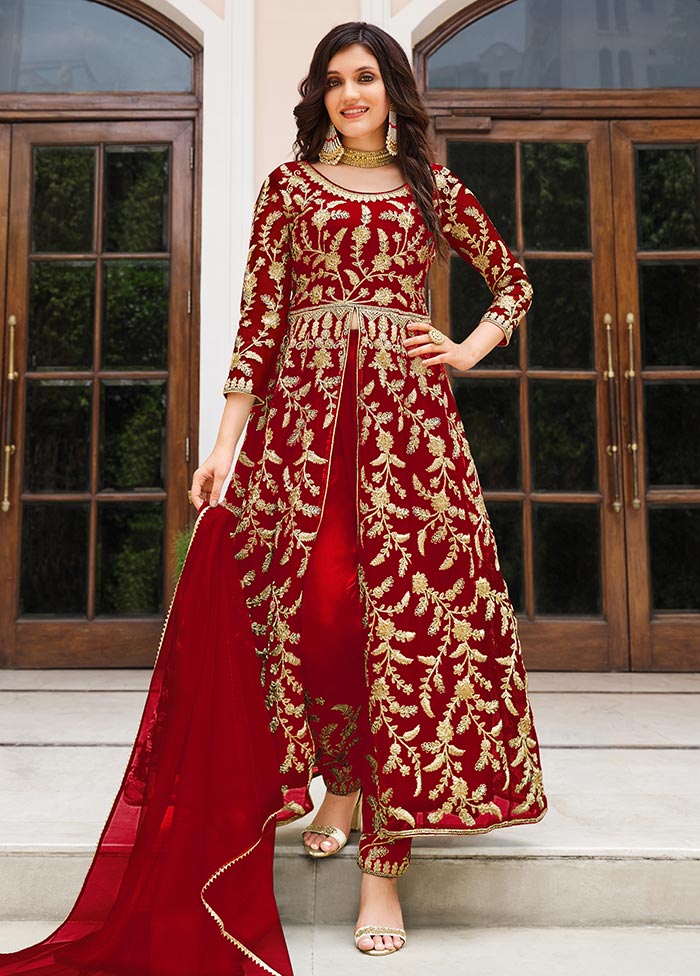 3 Pc Red Semi Stitched Net Suit Set Enjoy Cheap Online