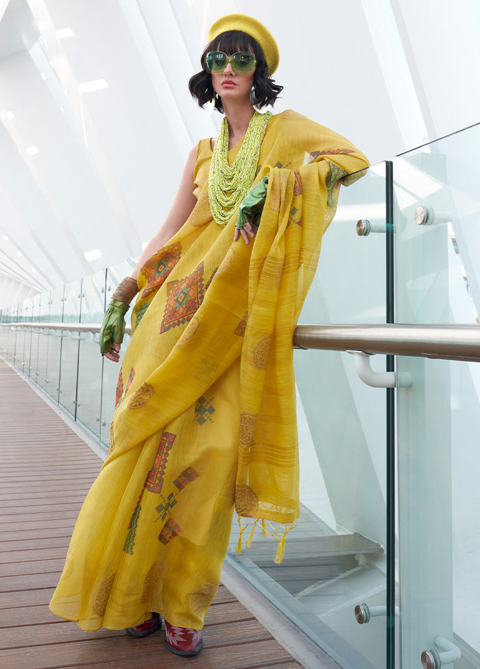 Yellow Spun Silk Saree With Blouse Piece Best Sale For Sale