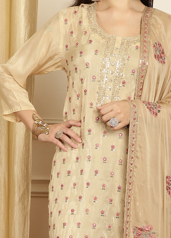 3 Pc Beige Unstitched Pure Silk Suit Set Free Shipping Visit