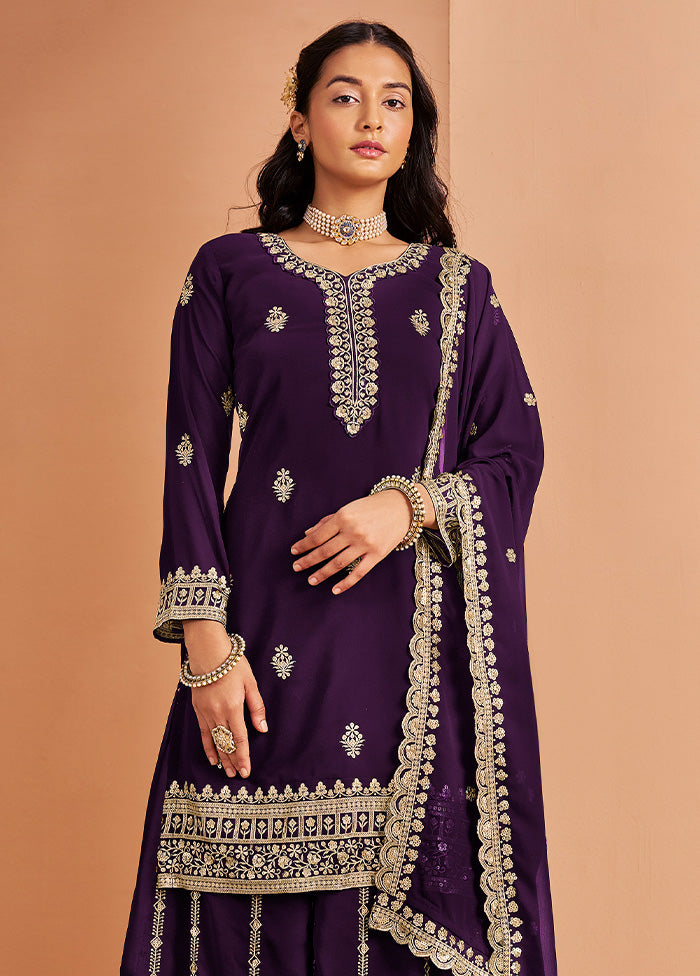 3 Pc Purple Semi Stitched Georgette Suit Set Eastbay Online