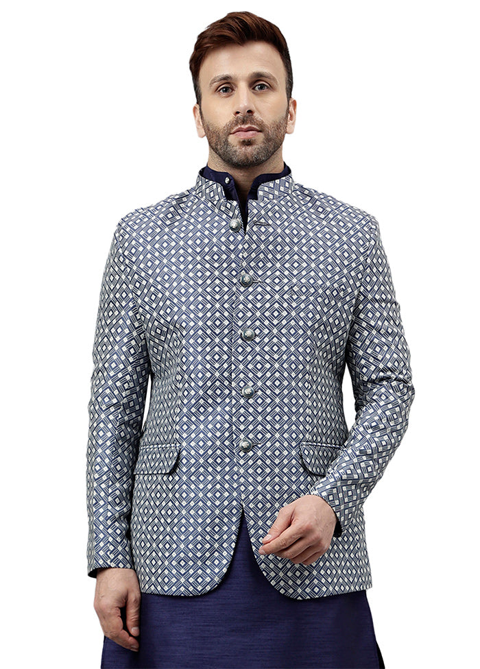 Navy Blue Viscose Jacquard Blazer Outlet Geniue Stockist