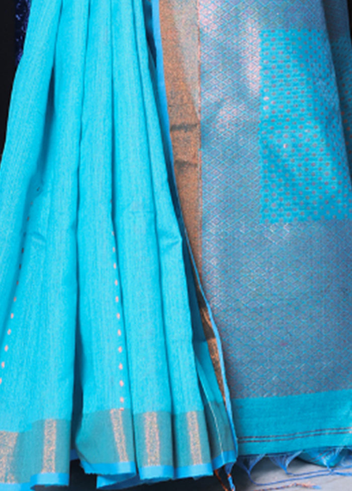 Sky Blue Pure Cotton Saree With Blouse Piece Shop For