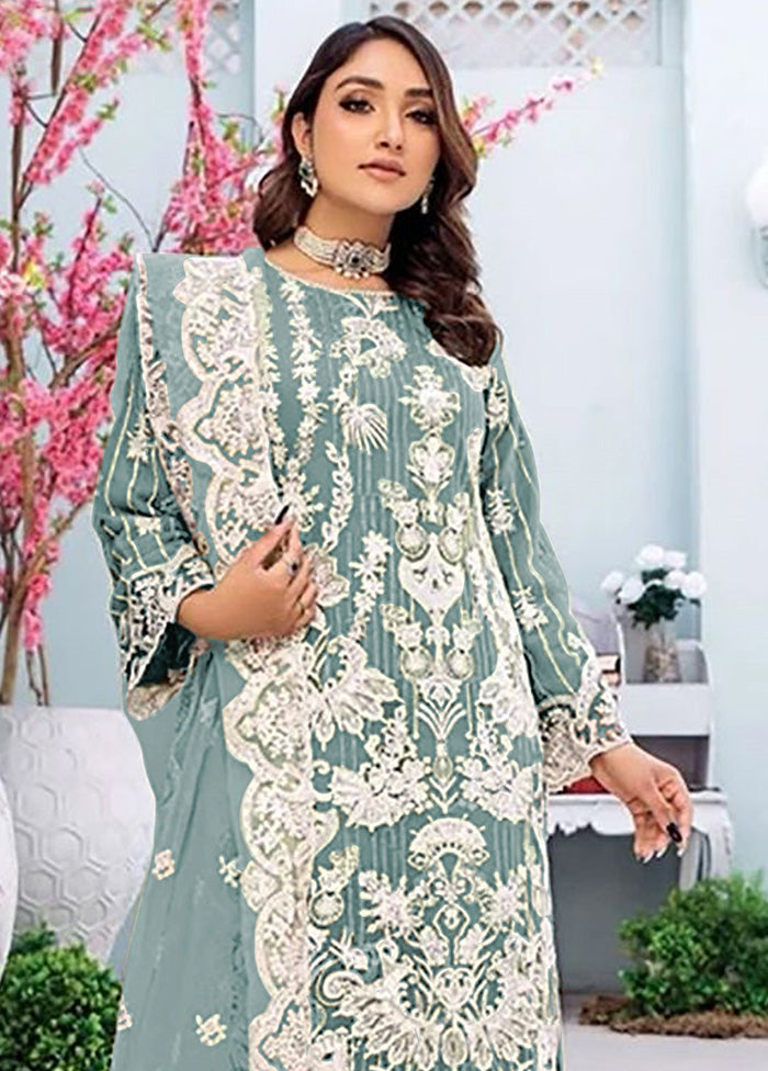 3 Pc Sky Blue Semi Stitched Georgette Suit Set Sale Cheapest