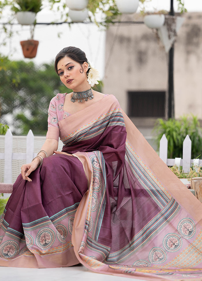 Wine Tussar Silk Saree With Blouse Piece Comfortable Cheap Online