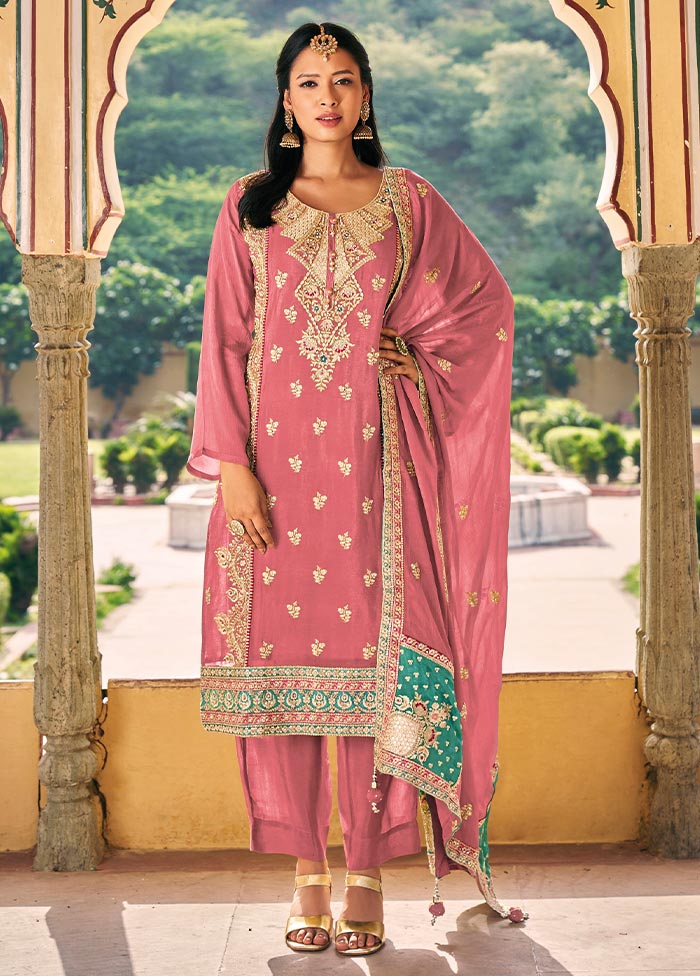 3 Pc Pink Semi Stitched Silk Suit Set 100% Authentic For Sale