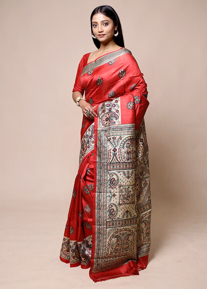 Red Printed Pure Silk Saree Without Blouse Piece Online Shop From China