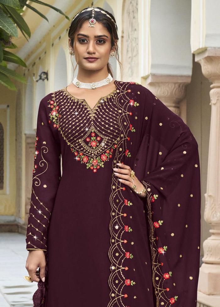 3 Pc Wine Semi Stitched Georgette Suit Set Best Seller