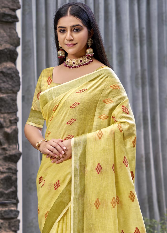 Yellow Linen Silk Saree With Blouse Piece Cheapest Pice Online