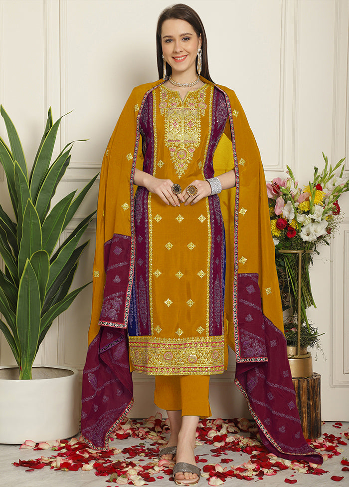 3 Pc Mustard Unstitched Silk Suit Set Cheap With Credit Card