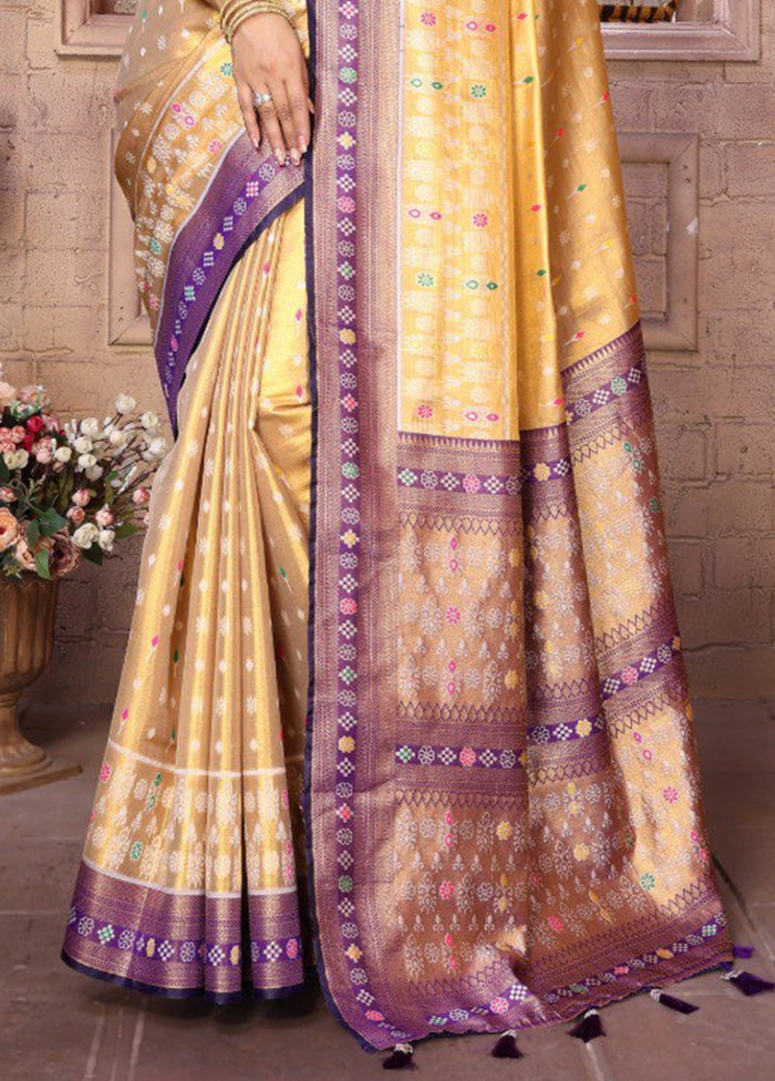 Golden Banarasi Silk Saree With Blouse Piece Cheap Lowest Pice