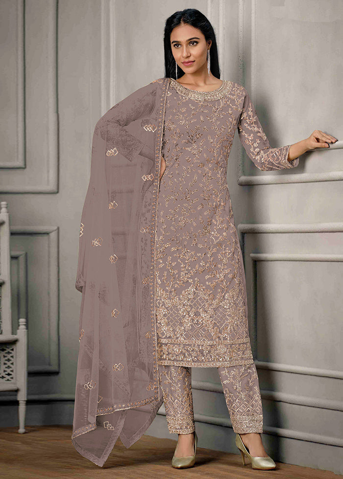 3 Pc Mauve Semi Stitched Net Suit Set Sale Professional