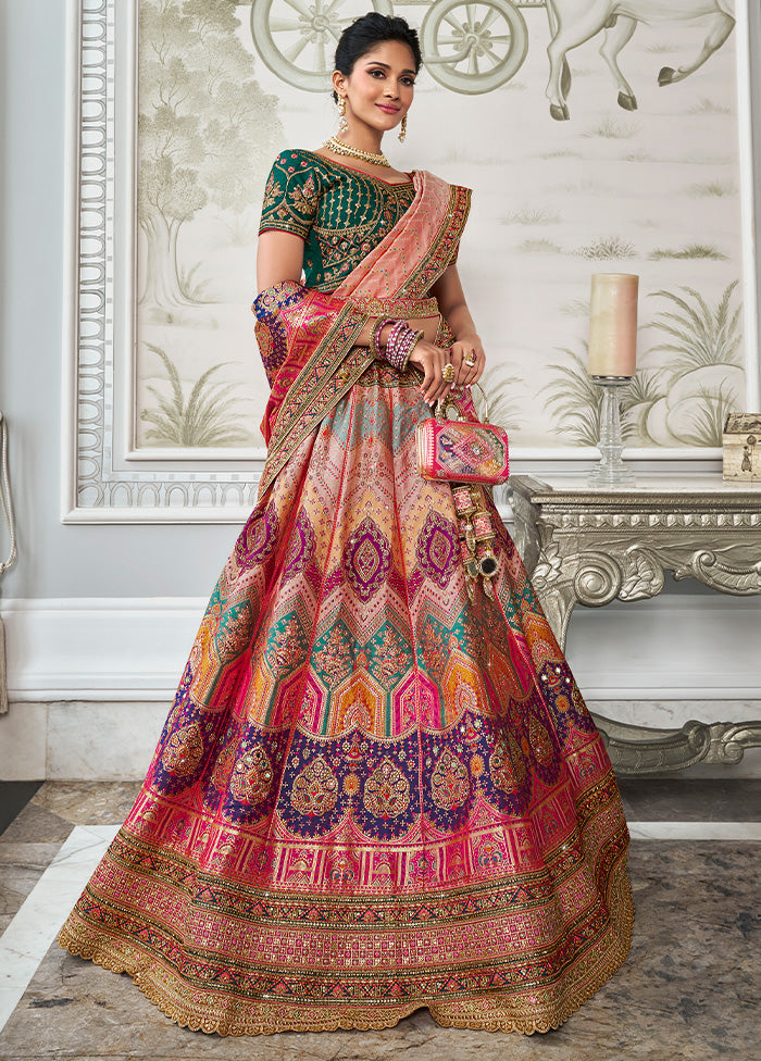 3 Pc Multicolor Silk Semi Stitched Lehenga Set Free Shipping Online