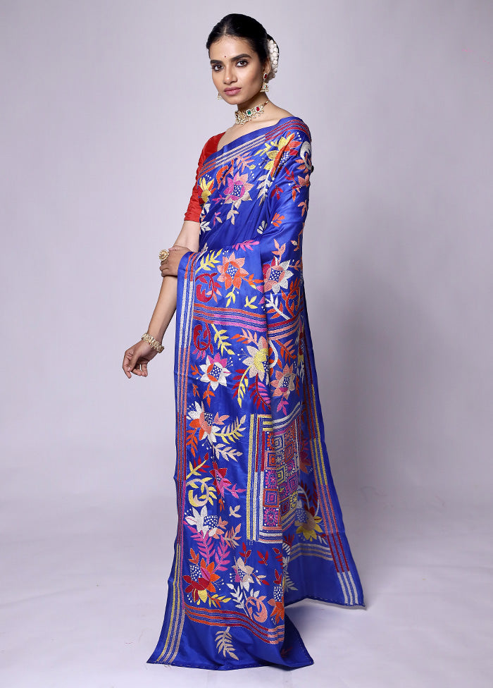 Blue Kantha Stitch Silk Saree With Blouse Piece Tumblr Online