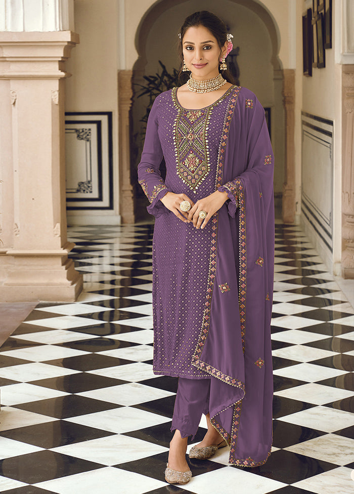 3 Pc Purple Semi Stitched Georgette Suit Set Buy Cheap Websites