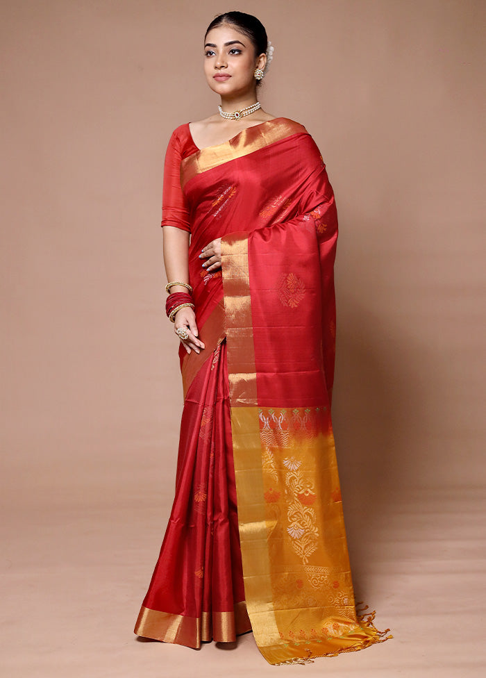 Red Handloom Kanjivaram Pure Silk Saree With Blouse Piece Sale Original