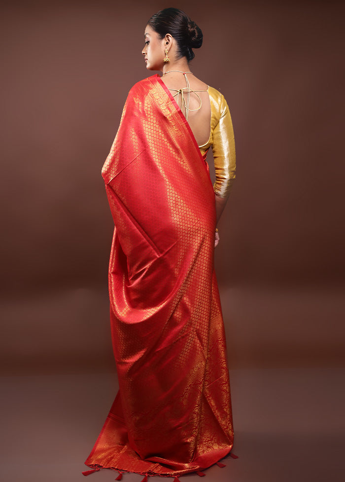 Red Dupion Silk Saree With Blouse Piece Discount High Quality