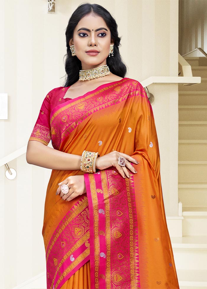 Orange Dupion Silk Saree With Blouse Piece Cheap Usa Stockist