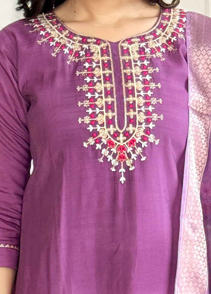 3 Pc Purple Readymade Chanderi Suit Set Free Shipping Browse