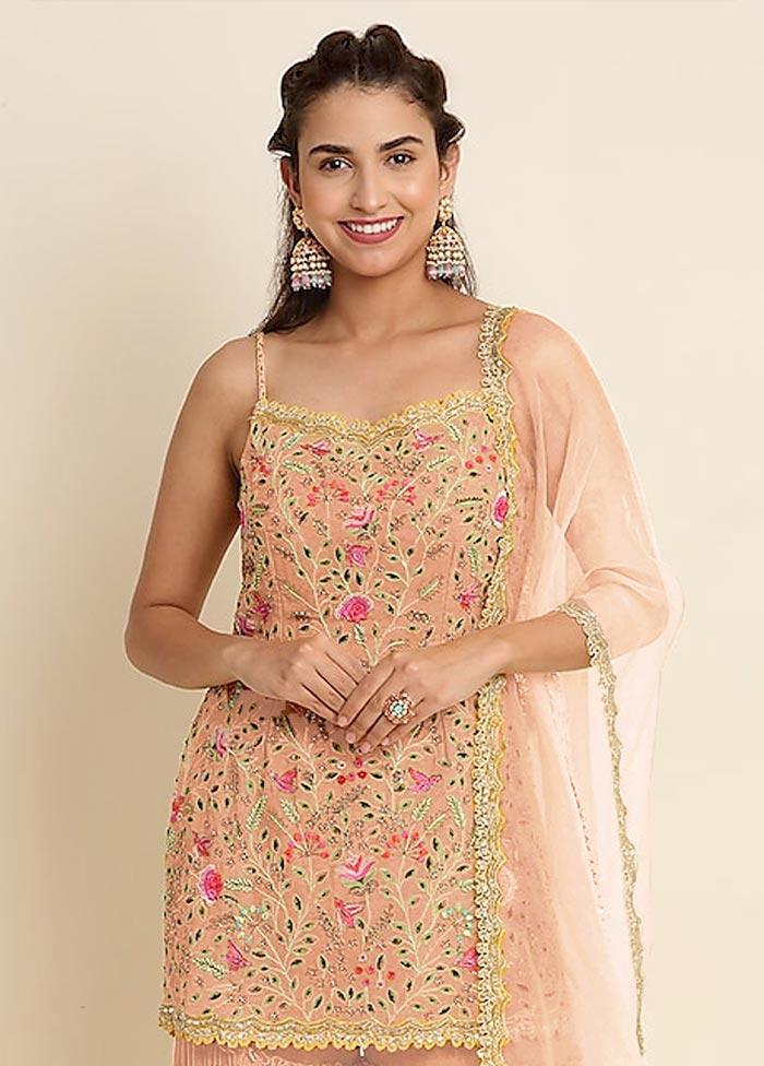 3 Pc Peach Semi Stitched Georgette Suit Set Outlet Order