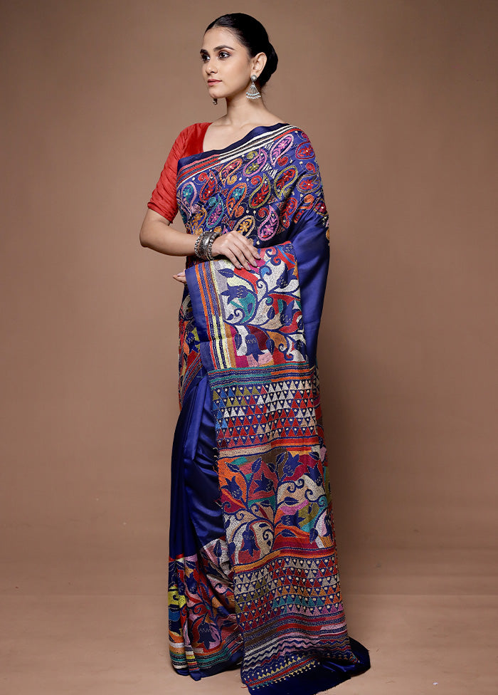 Blue Handloom Kantha Stitch Pure Silk Saree With Blouse Piece In China Online