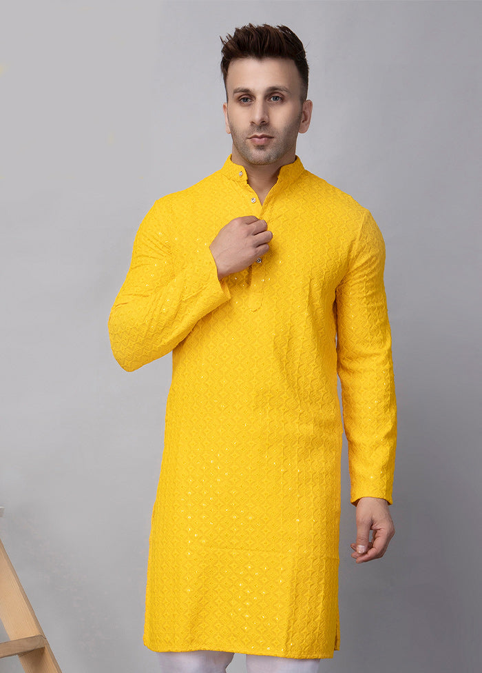 Yellow Viscose Embroidered Knee Length Kurta High Quality For Sale