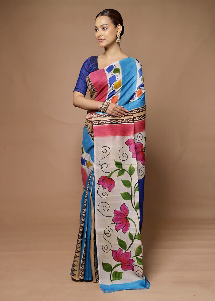 Blue Printed Pure Silk Saree Without Blouse Piece Clearance Manchester