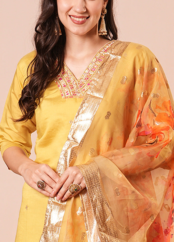 3 Pc Yellow Readymade Chanderi Dupatta Suit Set Buy Cheap Outlet Locations