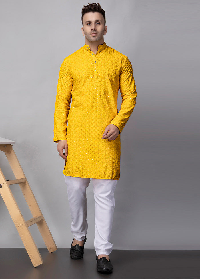 2 Pc Yellow Viscose Kurta Pajama Set Cheap Genuine