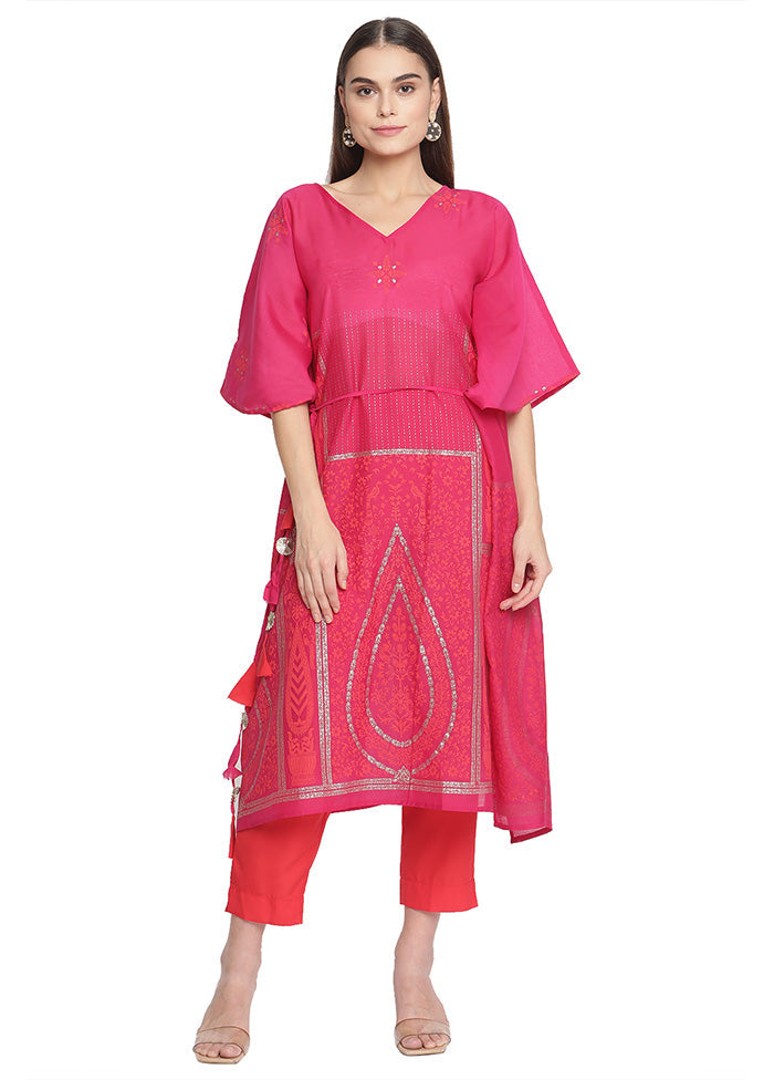 2 Pc Pink Readymade Chanderi Kurti Set Supply Sale Online