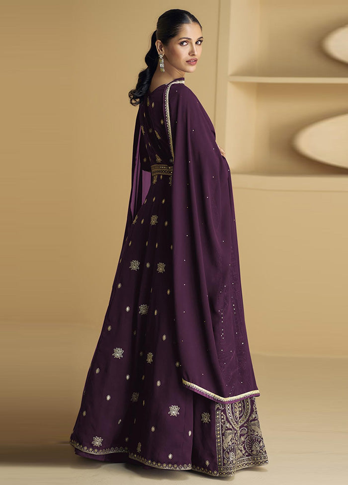 3 Pc Purple Semi Stitched Georgette Suit Set On Hot Sale