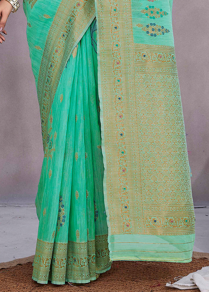 Sea Green Linen Silk Saree With Blouse Piece Cheap Pice Wholesale